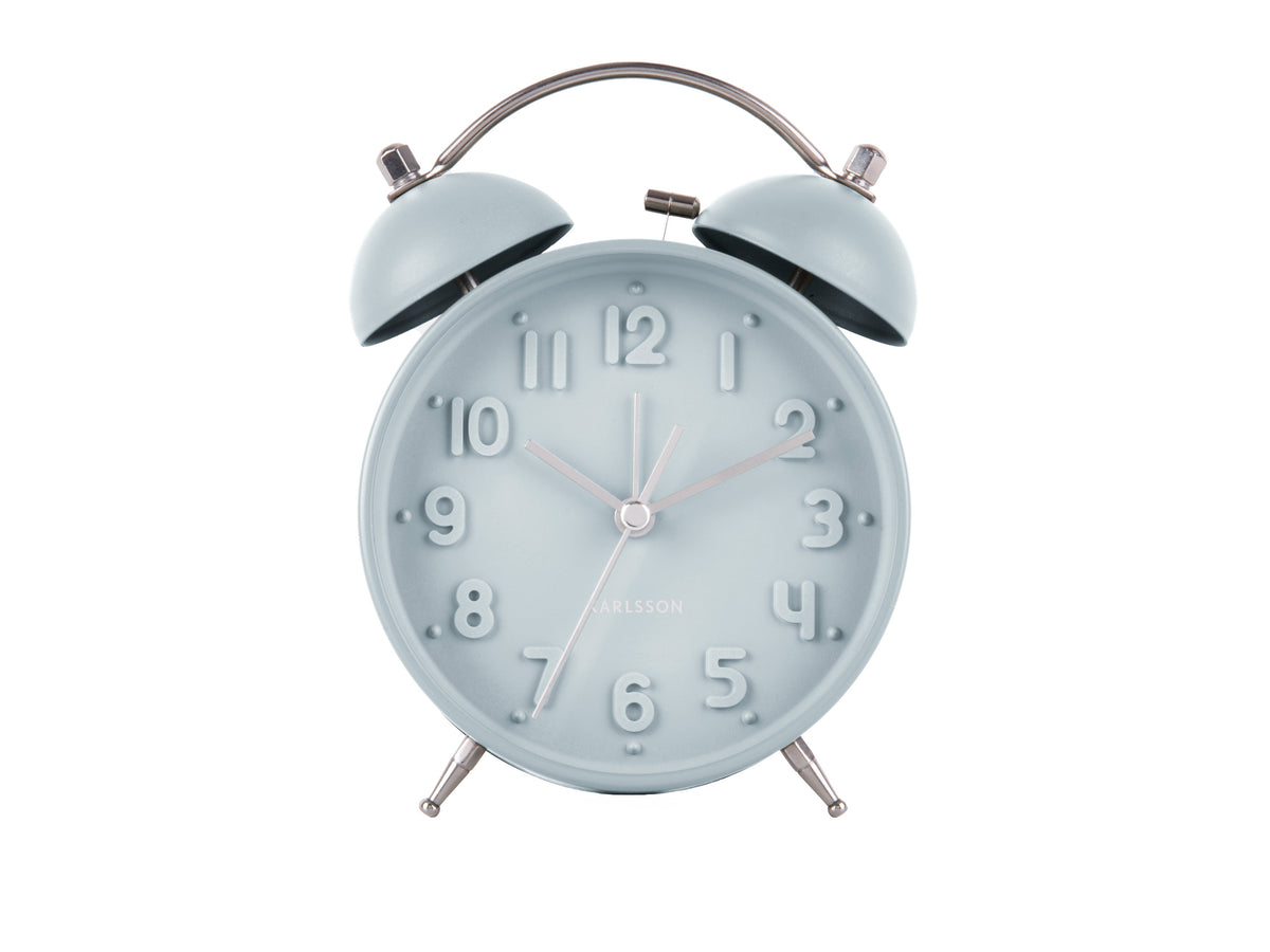 Front view of the Light Blue Iconic alarm clock with raised numerals and twin bells