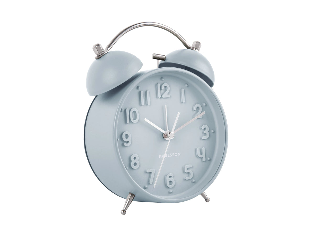 Karlsson Iconic twin bell alarm clock in Light Blue, angled on white