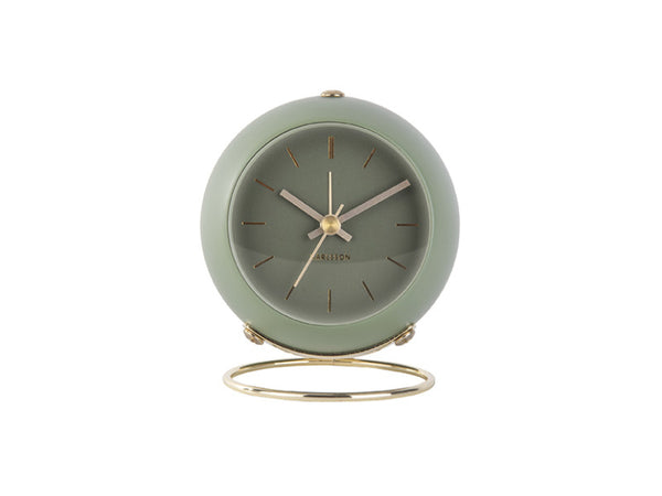 Front view of the Karlsson Globe alarm clock in Moss Green