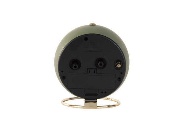 Rear view of the Moss Green Globe alarm clock showing the battery compartment