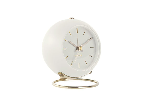 Karlsson Globe alarm clock in White on a gold-tone ring stand, front view