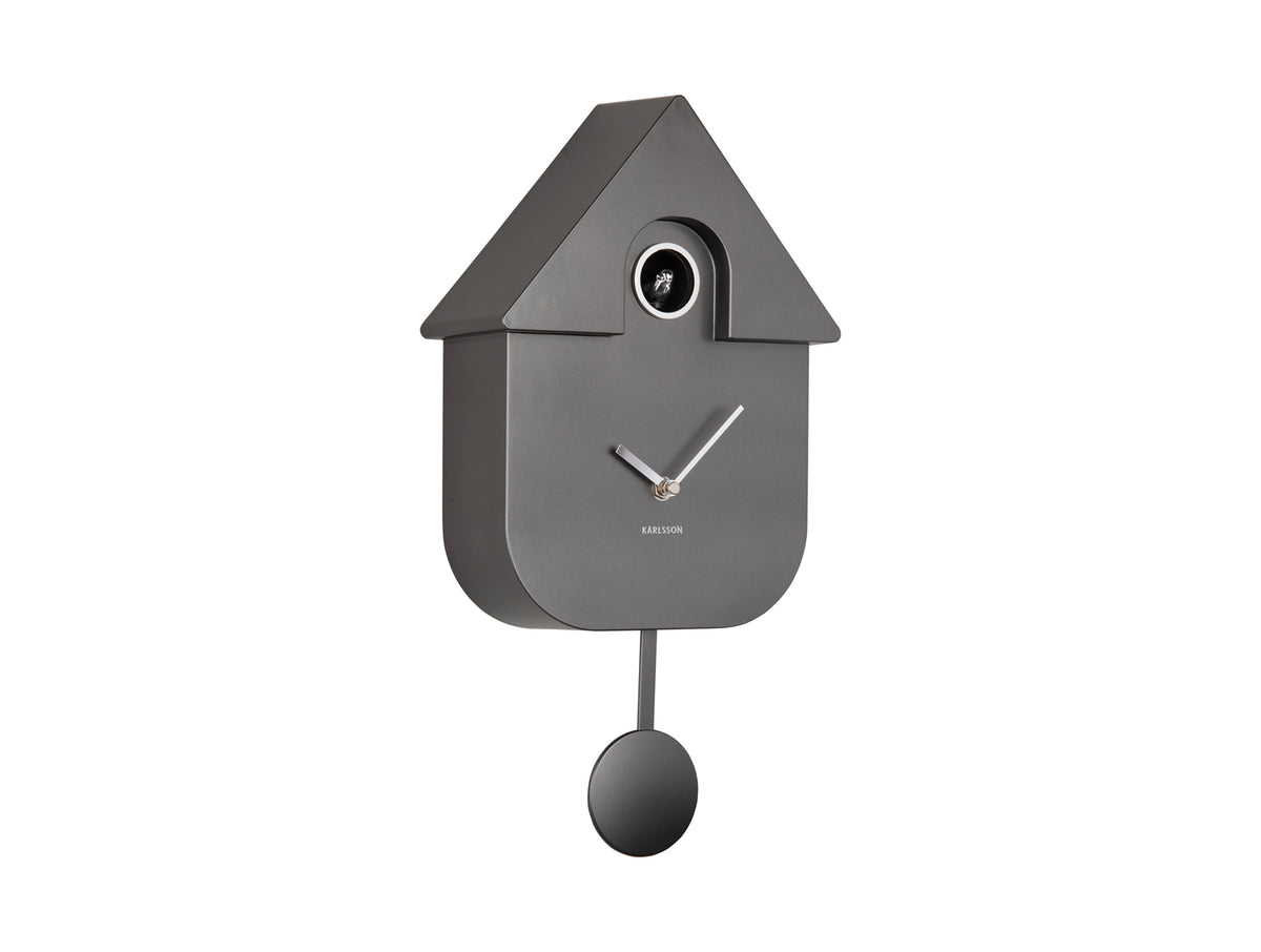 Karlsson Modern Cuckoo Clock in Metallic Dark Grey, straight-on colourway product shot
