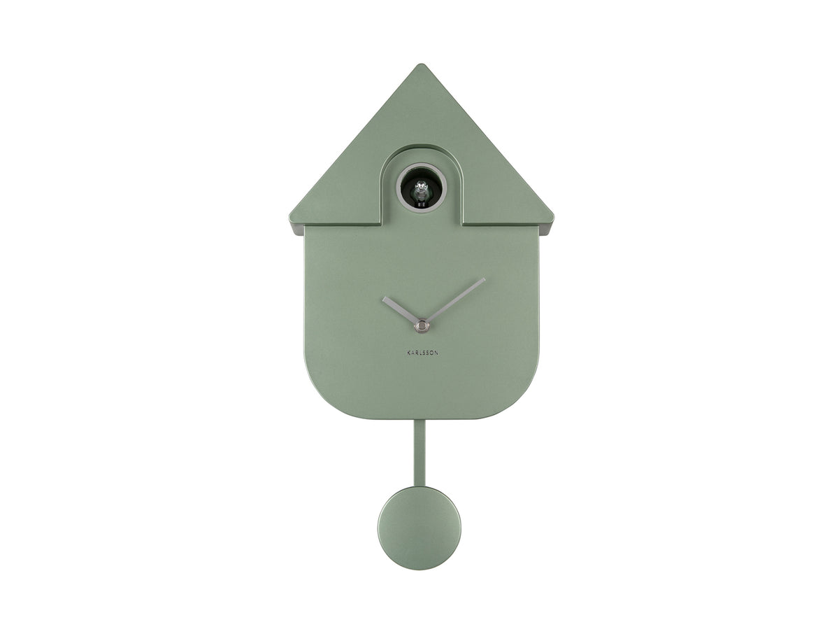 Karlsson Modern Cuckoo Clock in Metallic Jungle Green, front view with pendulum on a white background