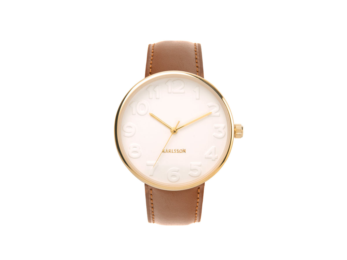 Karlsson Mr White Steel watch with a gold case, white dial and tan leather strap, front view