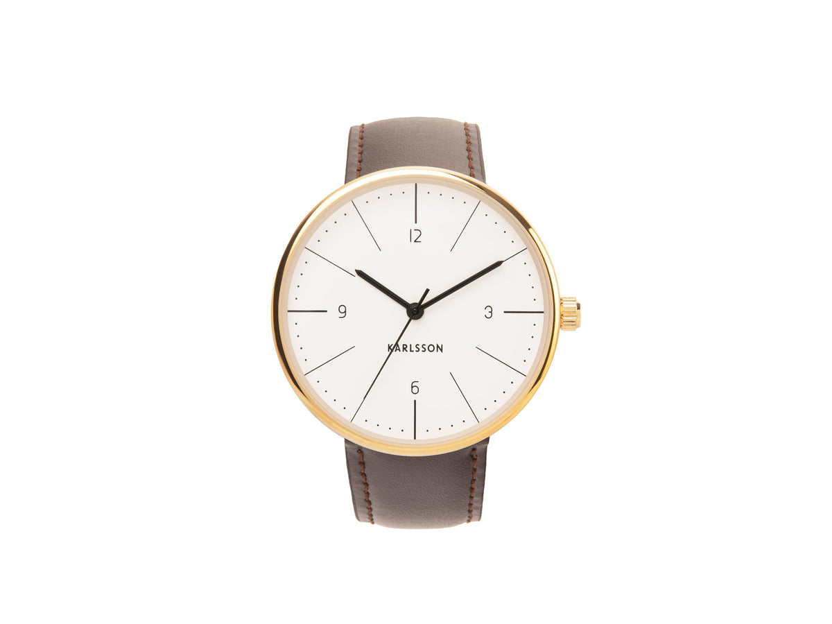 Karlsson Normann watch with a white dial, gold case and dark brown leather strap, front view