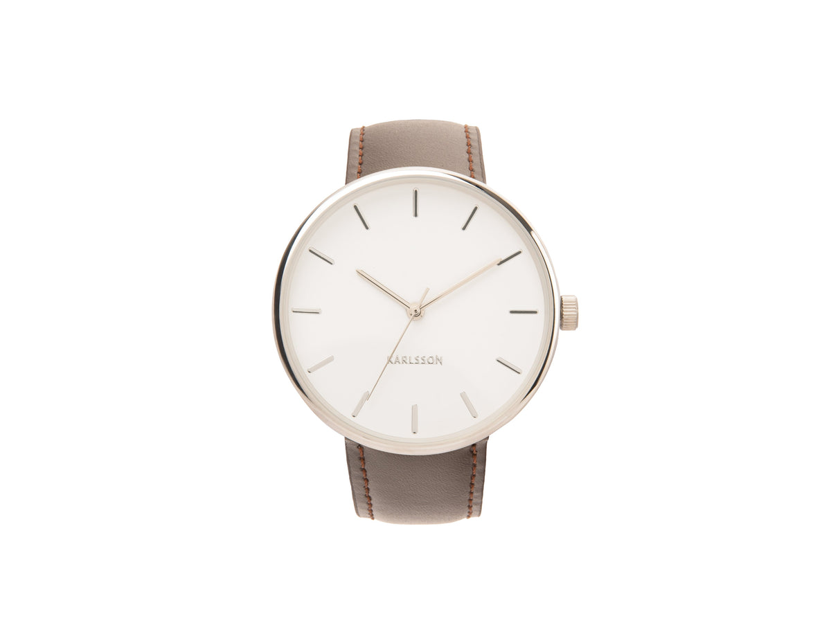 Karlsson Minimal watch in white with a silver case and brown leather strap, front view