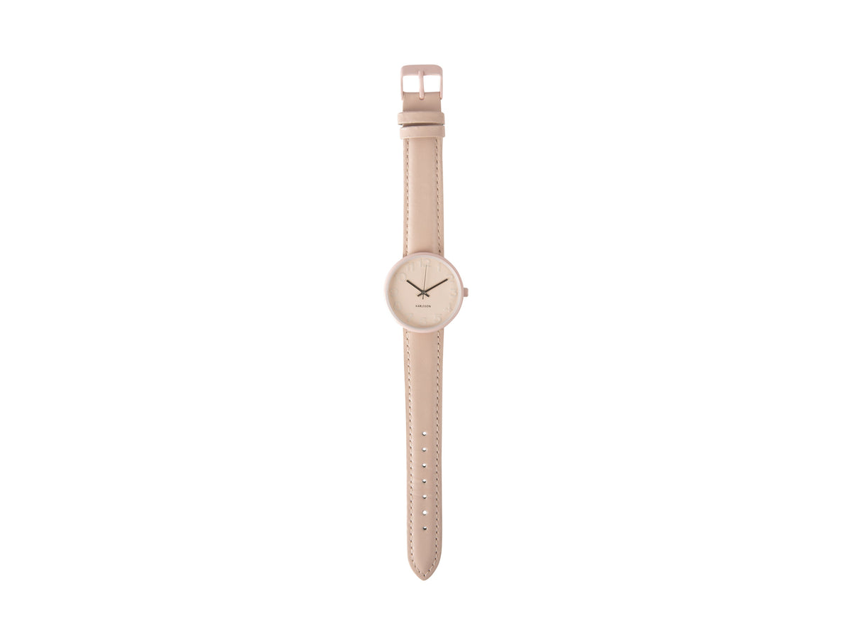 Karlsson Ms Pink watch photographed flat with the pink leather strap extended