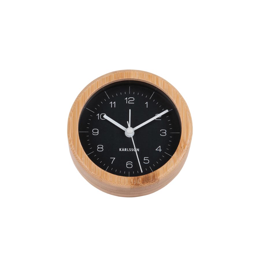 Karlsson Neat Round Bamboo Alarm Clock in Black, 10cm