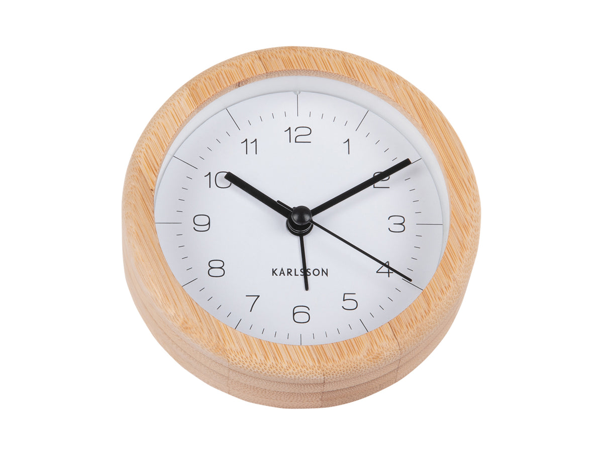 Karlsson Neat Round Bamboo Alarm Clock, close detail of the bamboo frame