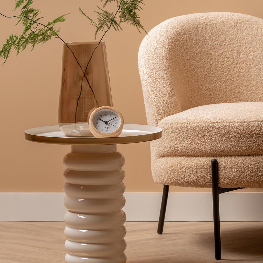 Karlsson Neat Round Bamboo Alarm Clock, angled view