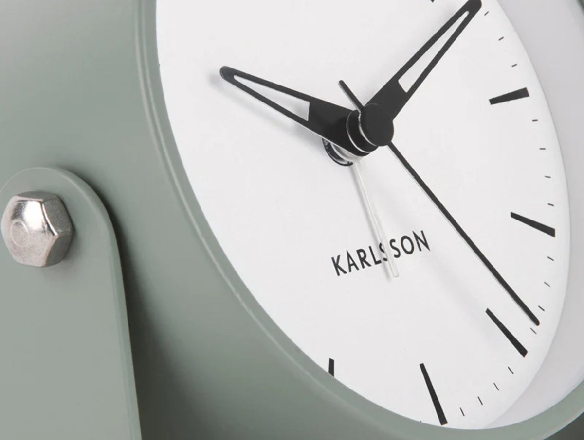 Close-up of the Greyed Jade Calm alarm clock frame and white Karlsson dial
