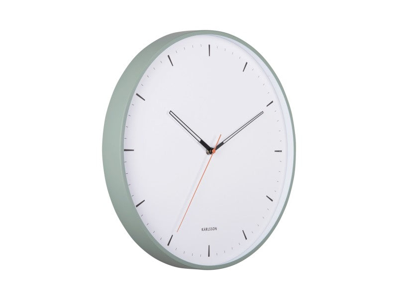 The clock in the grayed jade colourway at a three quarter angle on a white background