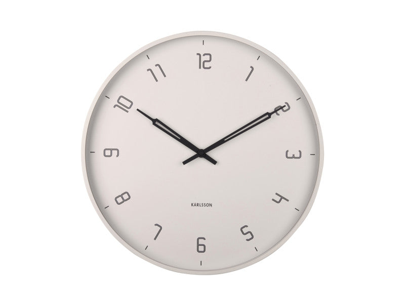 Warm grey Stark wall clock at a slight angle on white