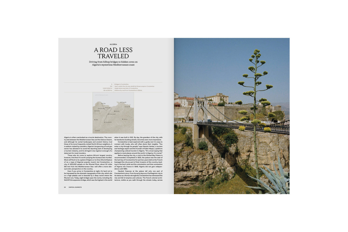 Kinfolk Journeys page spread showing a coastal landscape