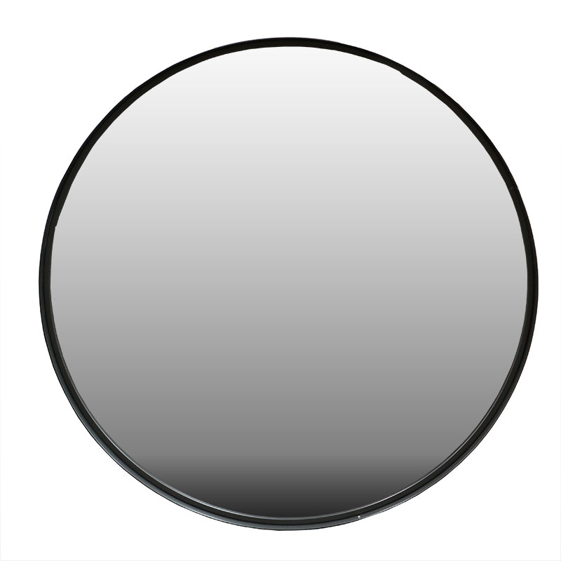 The larger 81cm round mirror, black rim framing the full circle of glass