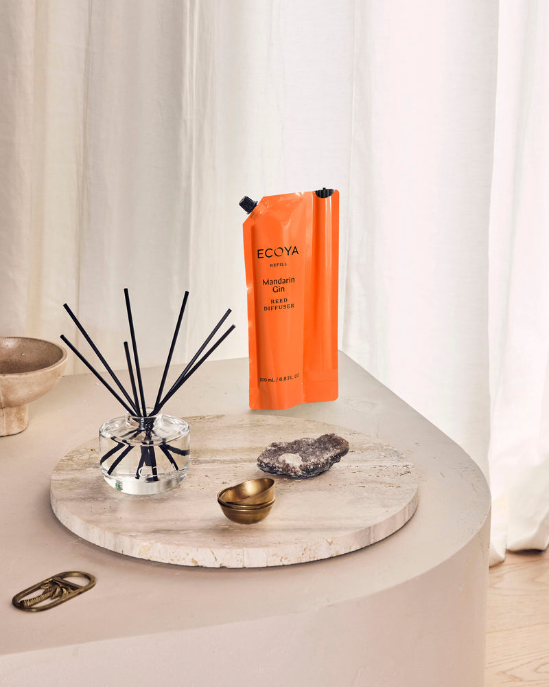 Ecoya Mandarin Gin reed diffuser refill pouch, second view of the packaging