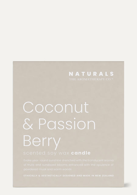 Naturals Coconut & Passion Berry candle box on a pale background with a soft shadow