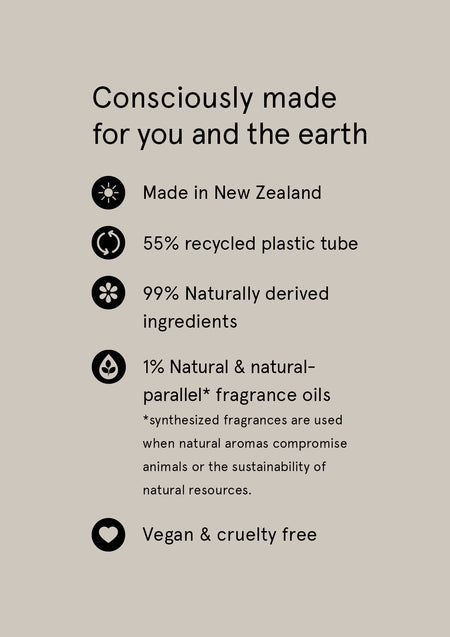 Consciously made card listing Naturals packaging and ingredient points on taupe
