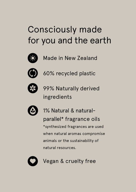 Consciously made card listing Naturals packaging and ingredient points on taupe