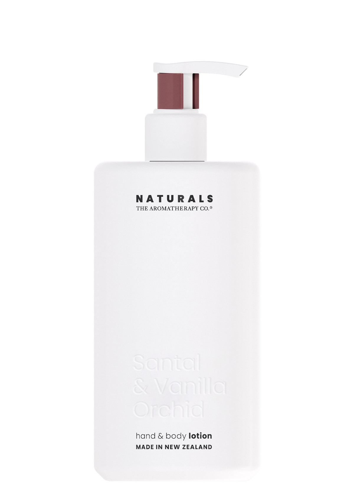 Naturals Santal and Vanilla Orchid Hand and Body Lotion 400ml, a frosted white pump bottle on a plain background
