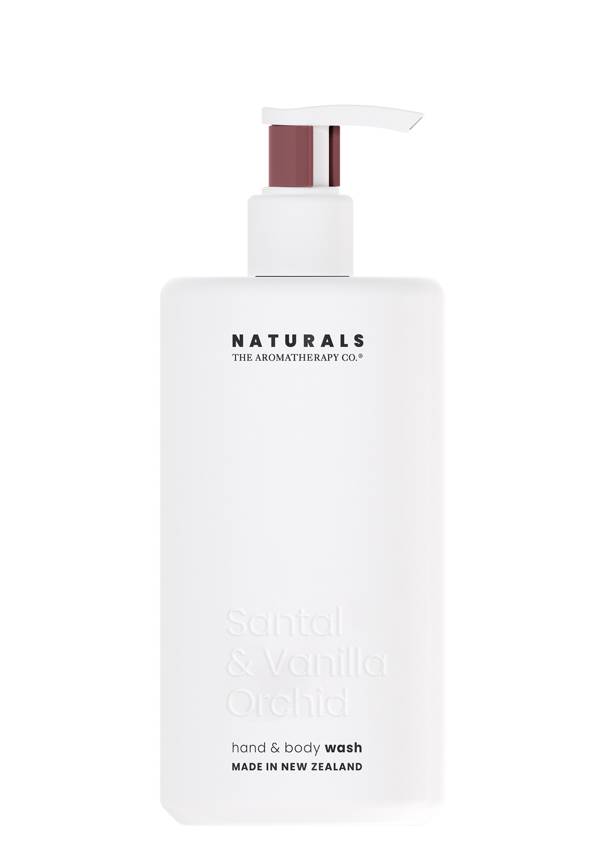 Naturals Santal and Vanilla Orchid Hand and Body Wash in a 400ml frosted pump bottle, shown on white