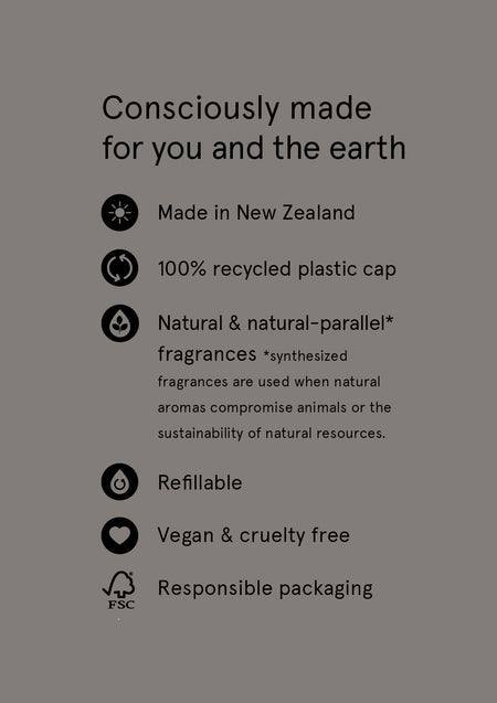 Grey Naturals card listing New Zealand made, recycled cap, refillable and cruelty free