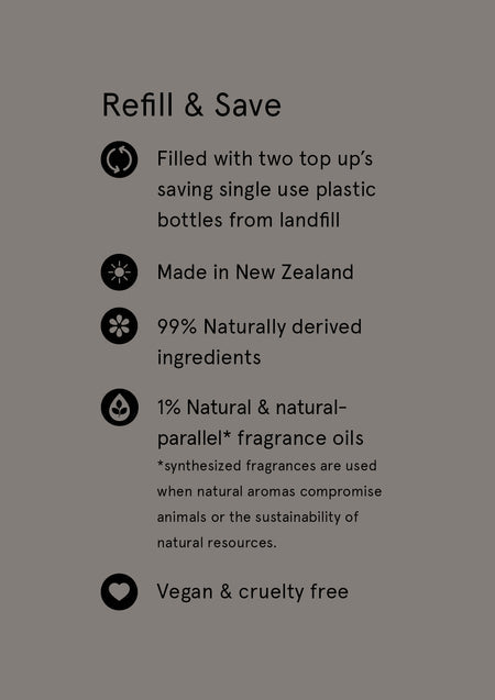 Refill and Save card listing Naturals refill and ingredient points on warm grey