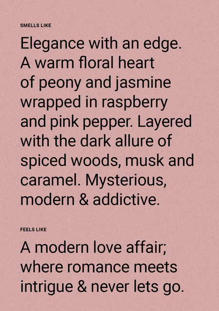 Dusty pink fragrance description card for Rose Jasmine & Oud