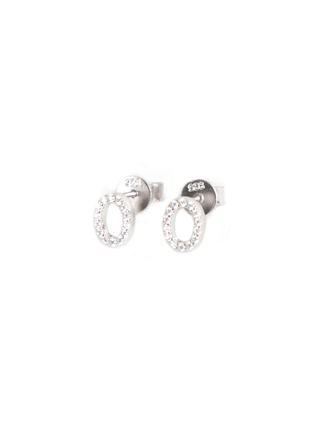 Hugs Studs, open circle silver earrings set with clear crystals, side view