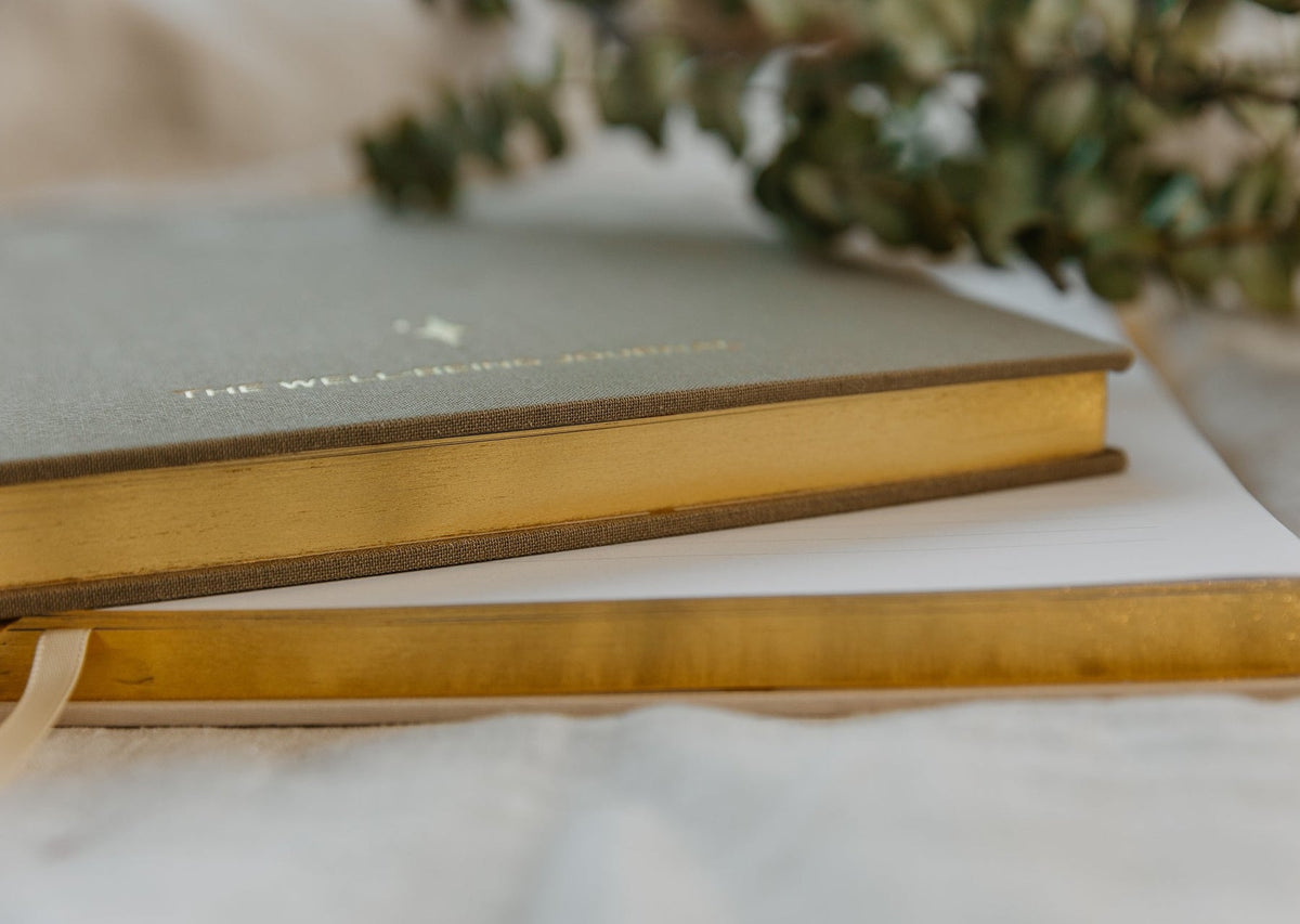 Close view of the YOU. journal showing its gilt gold page edges and ribbon marker