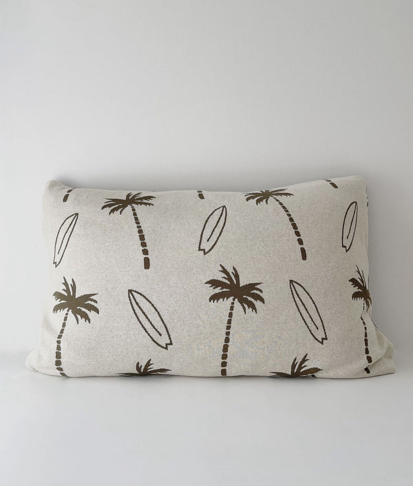 Surfing Palm kids cotton pillowcase in natural with olive palm and surfboard print on a white backdrop