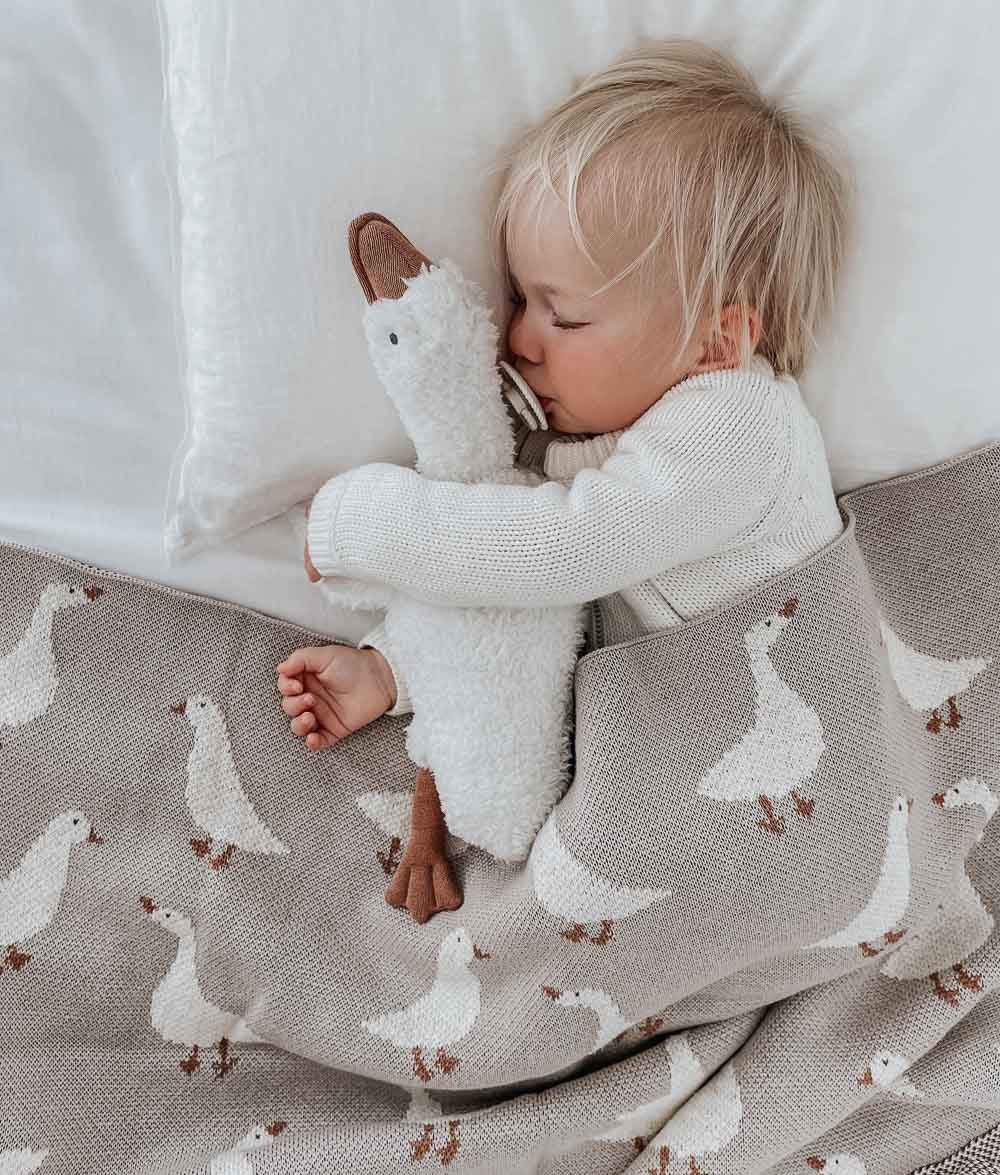 Toddler asleep hugging the Gary the Goose comforter under a goose print knit blanket