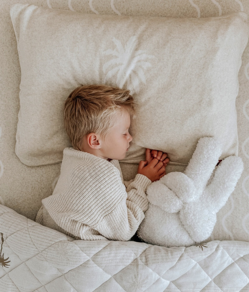 Child asleep on a Coastal Marle bed cuddling the ivory Peace Sherpa kids cushion