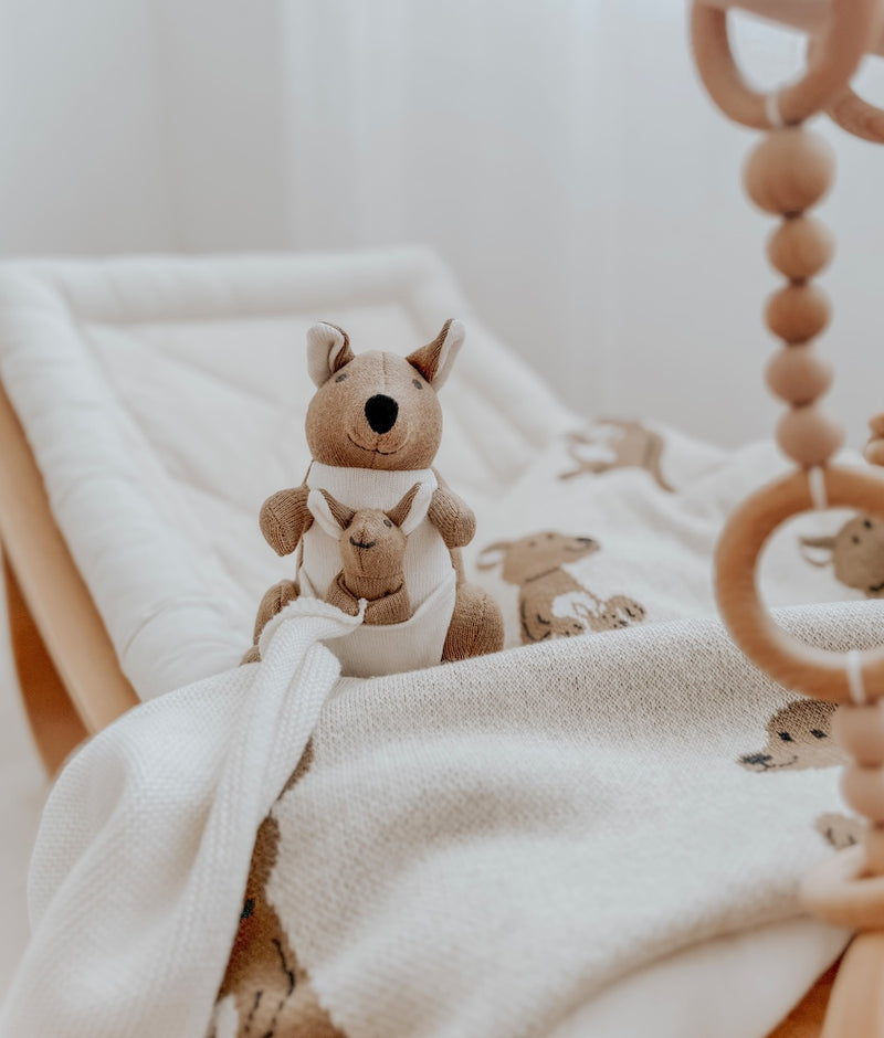 Kangaroo comforter snuggly resting on a baby bouncer beside a timber play gym ring