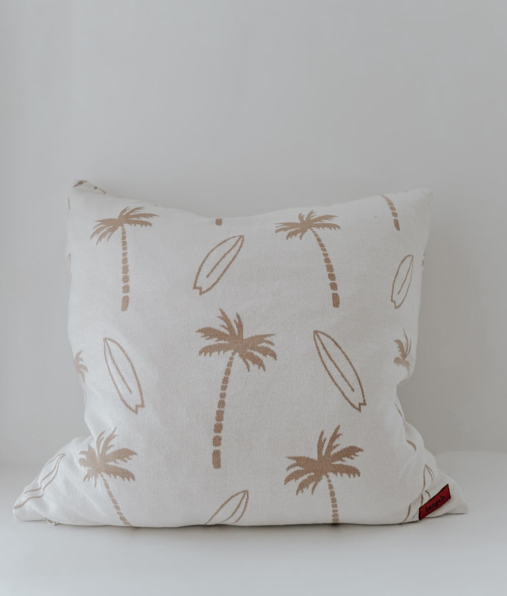 Palm print euro pillowcase on a white surface with the leather Bengali tab visible