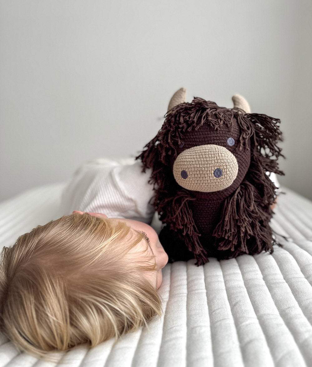 Fergus the Highland cow sitting beside a resting child on a ribbed ivory quilt