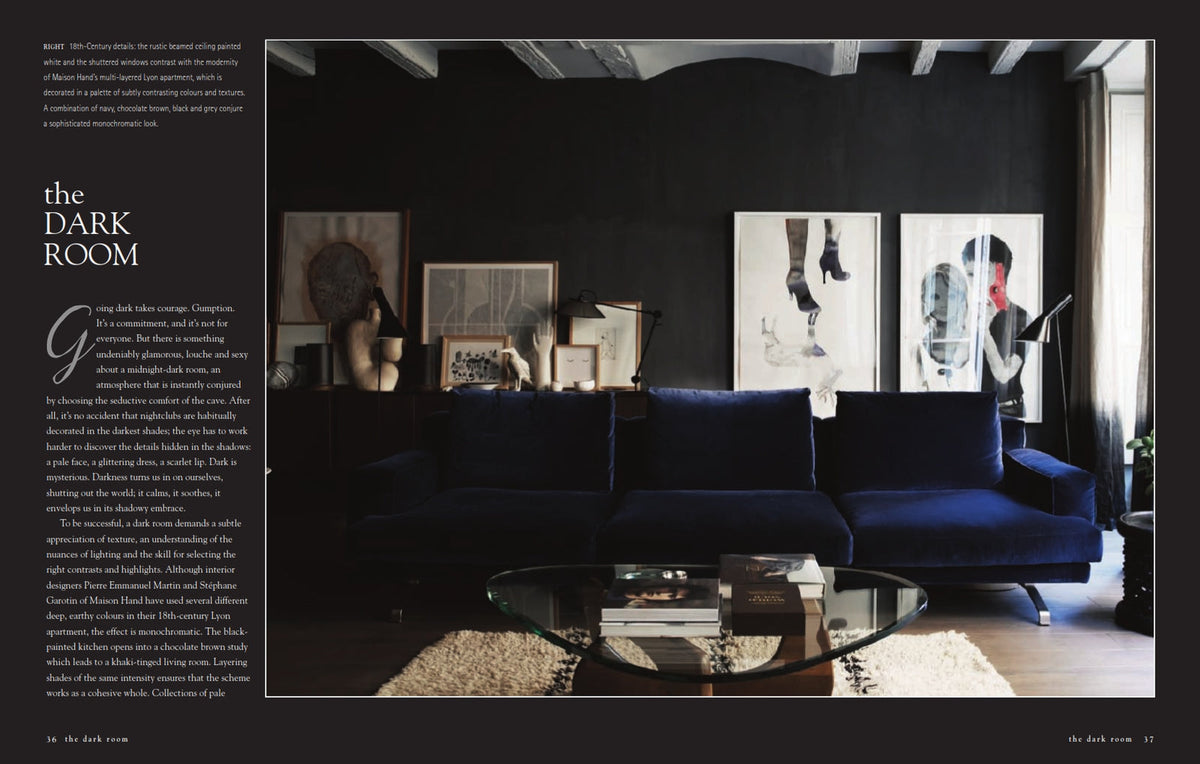 Monochrome Home book open page spread showing black and white interior photography