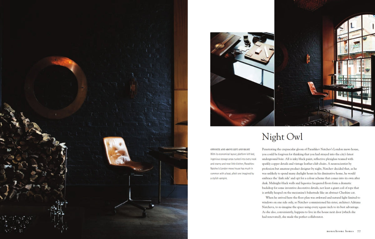 Monochrome Home book page spread showing a black and white bedroom