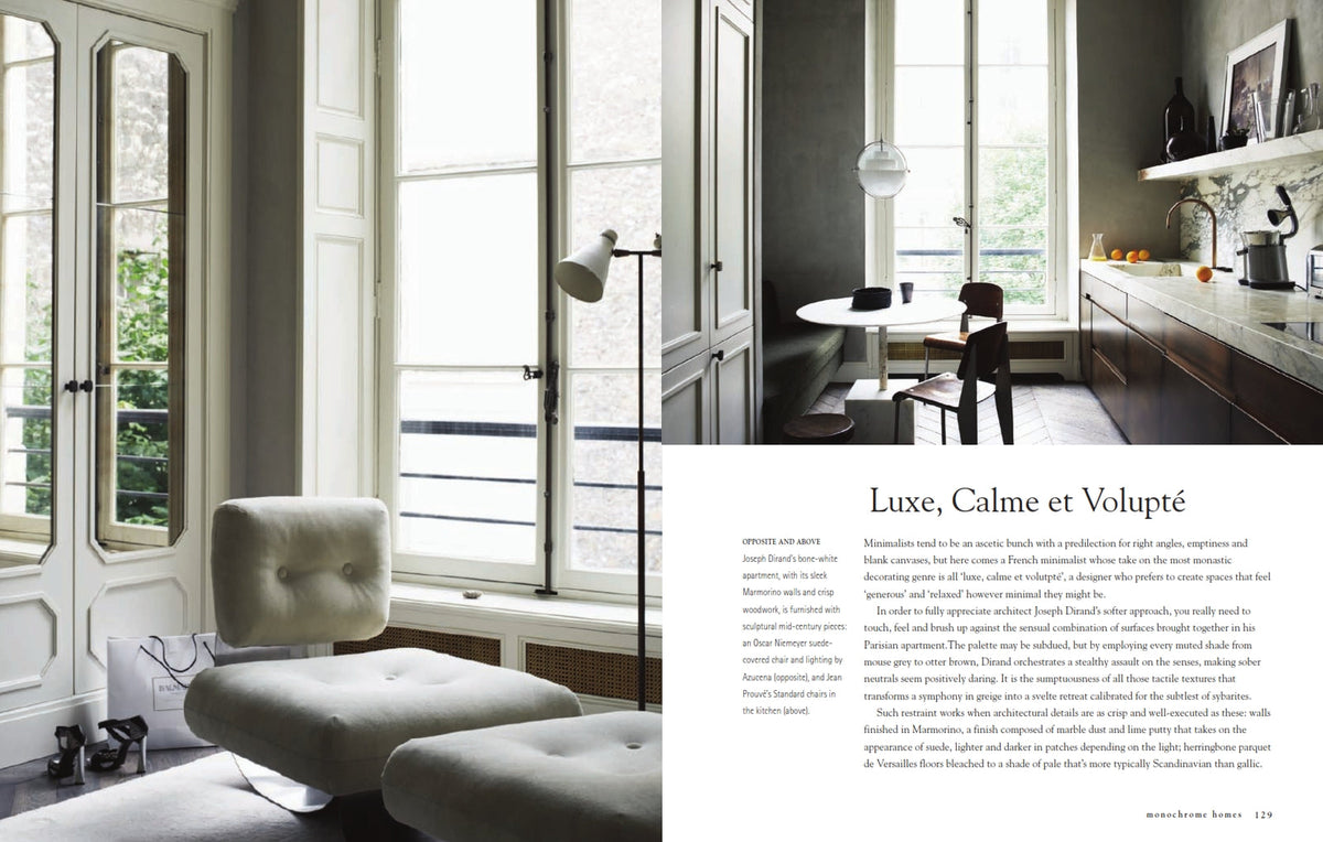 Monochrome Home book page spread showing a styled interior