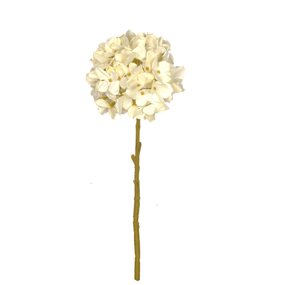 Faux country hydrangea stem in cream on a white background
