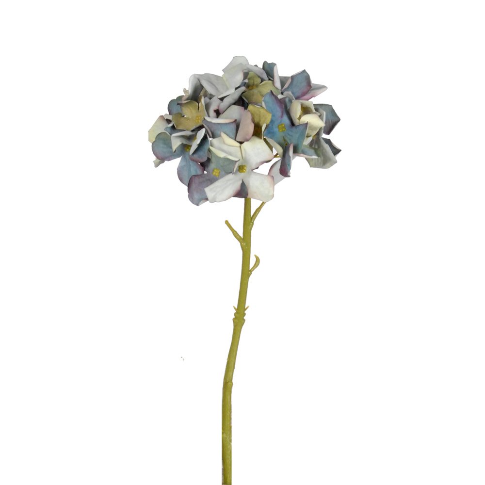 Faux petite hydrangea stem in blue green on a white background
