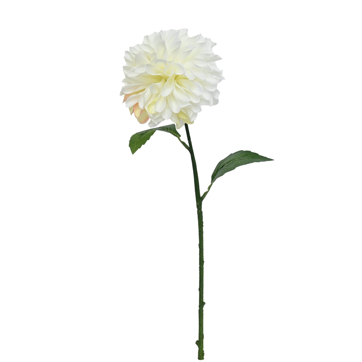 White pompom dahlia faux stem with a single layered bloom and two green leaves