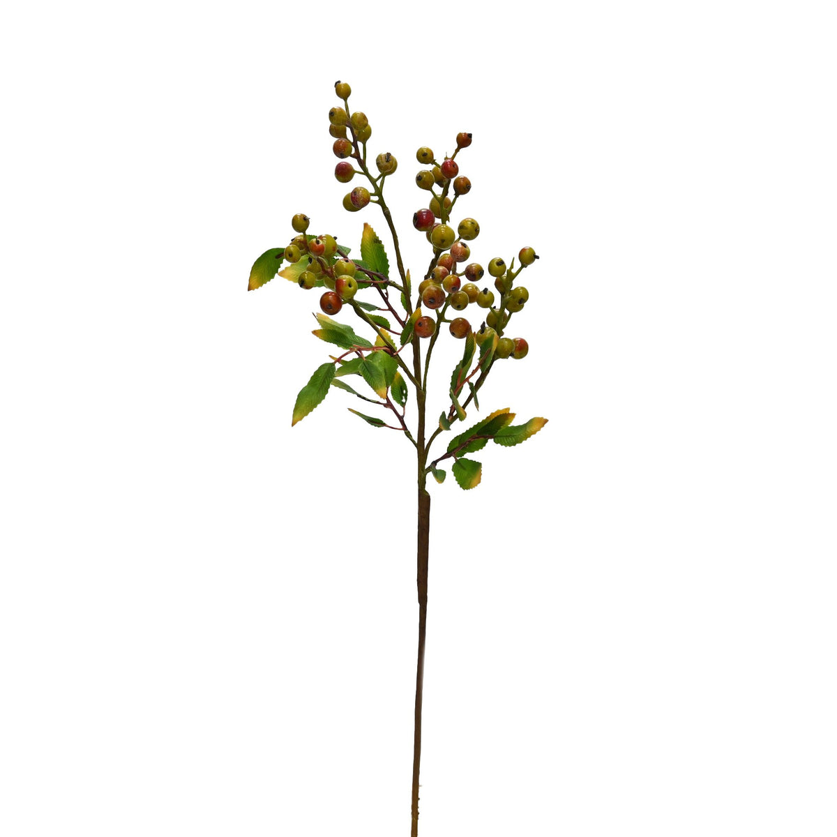 Summer berry branch faux stem with clustered berries and green leaves on a plain background