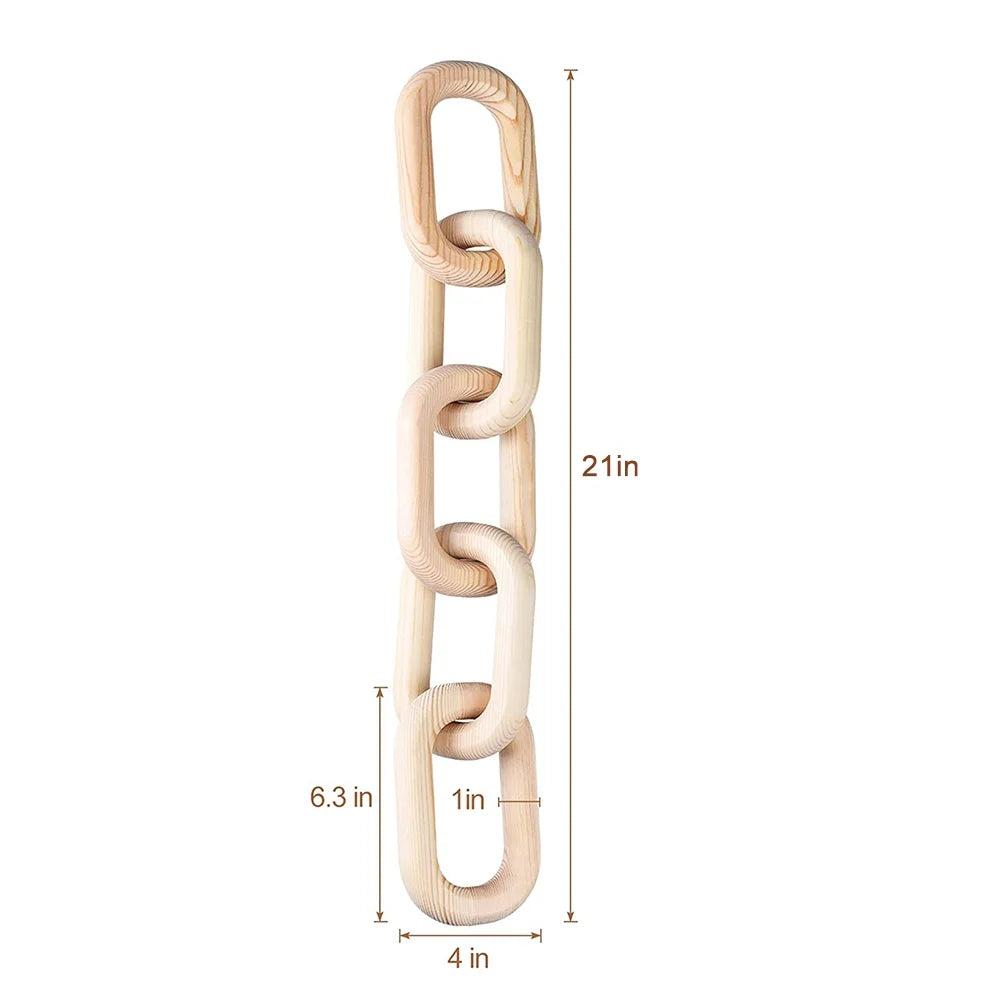 Natural wood chain ornament with measurements marked for the chain and for a single link