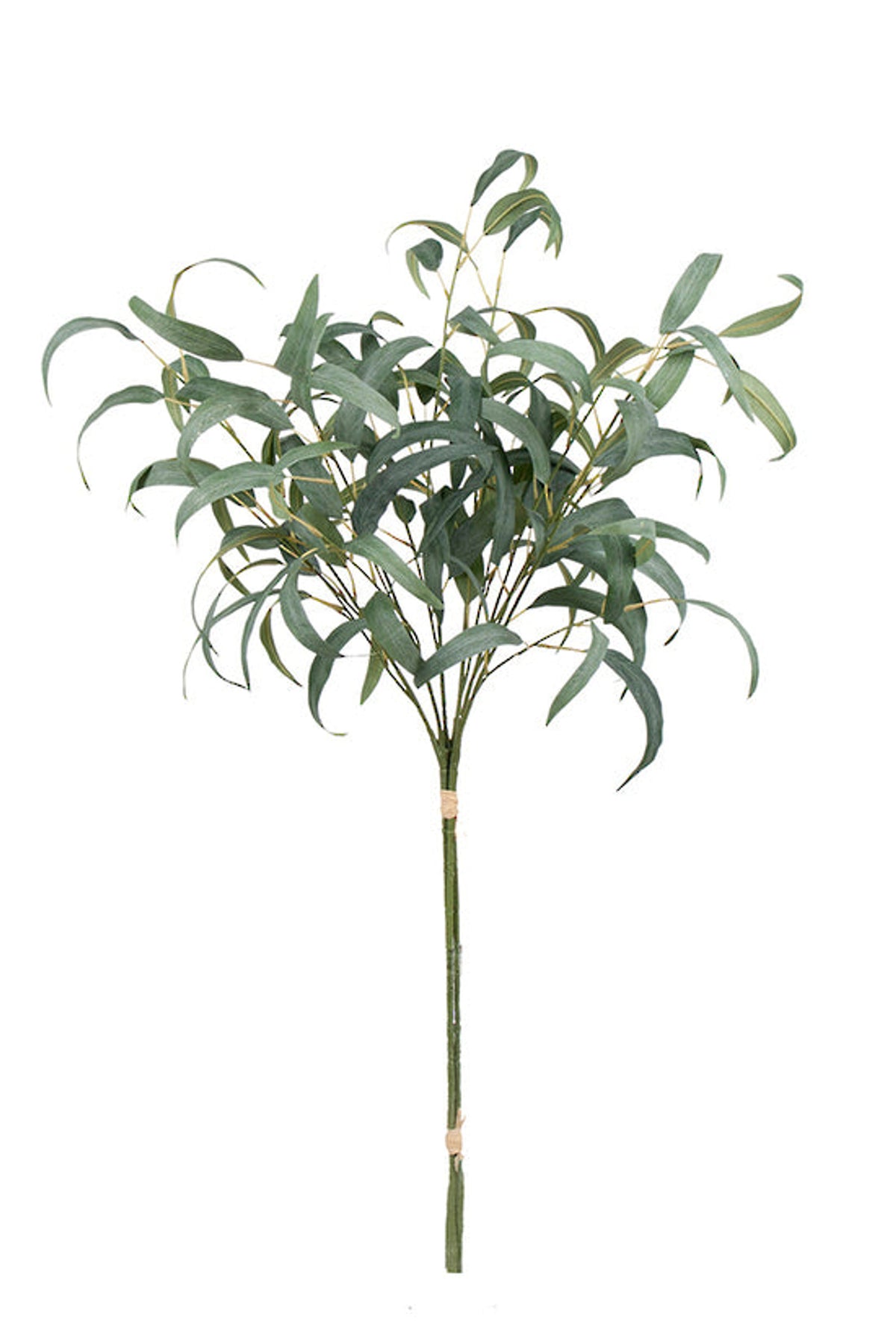 Faux eucalyptus spray bundle with long grey green leaves, on white