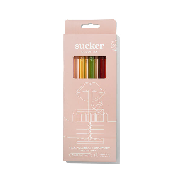 Set of 6 reusable glass smoothie straws - transparent / multi-coloured, sustainable and dishwasher safe, by Sucker.