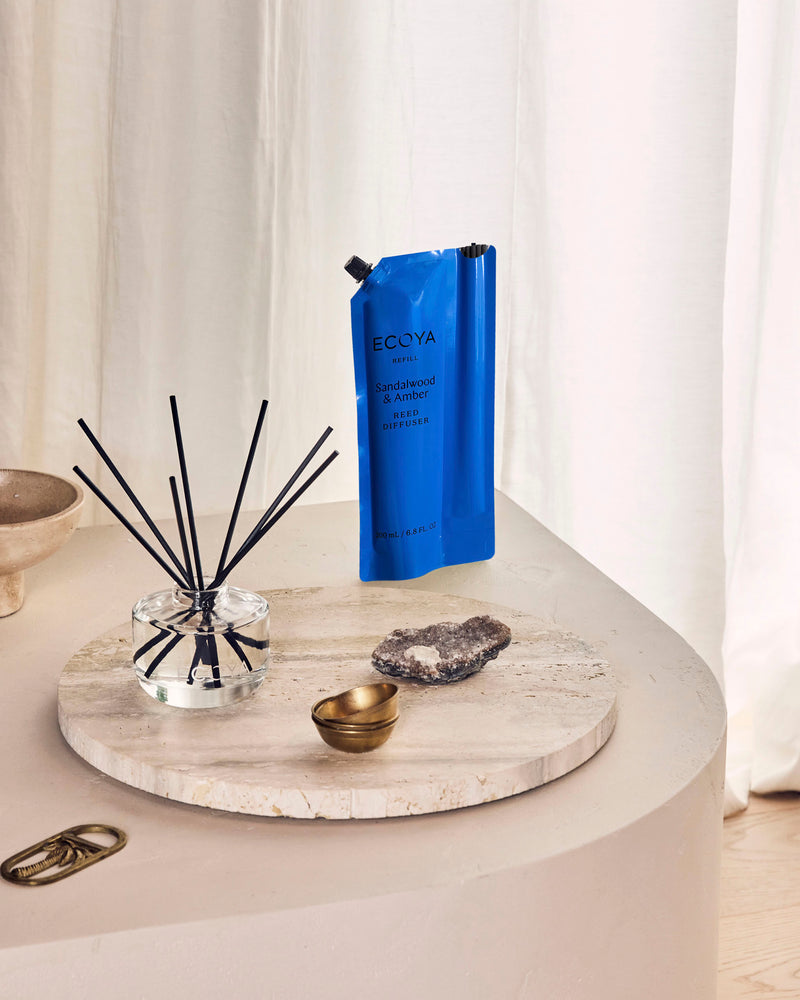 Ecoya Sandalwood and Amber reed diffuser refill pouch, second view of the blue packaging