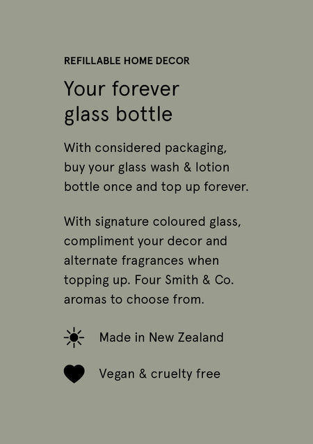 Smith & Co. forever glass bottle card in sage, noting made in New Zealand, vegan and cruelty-free