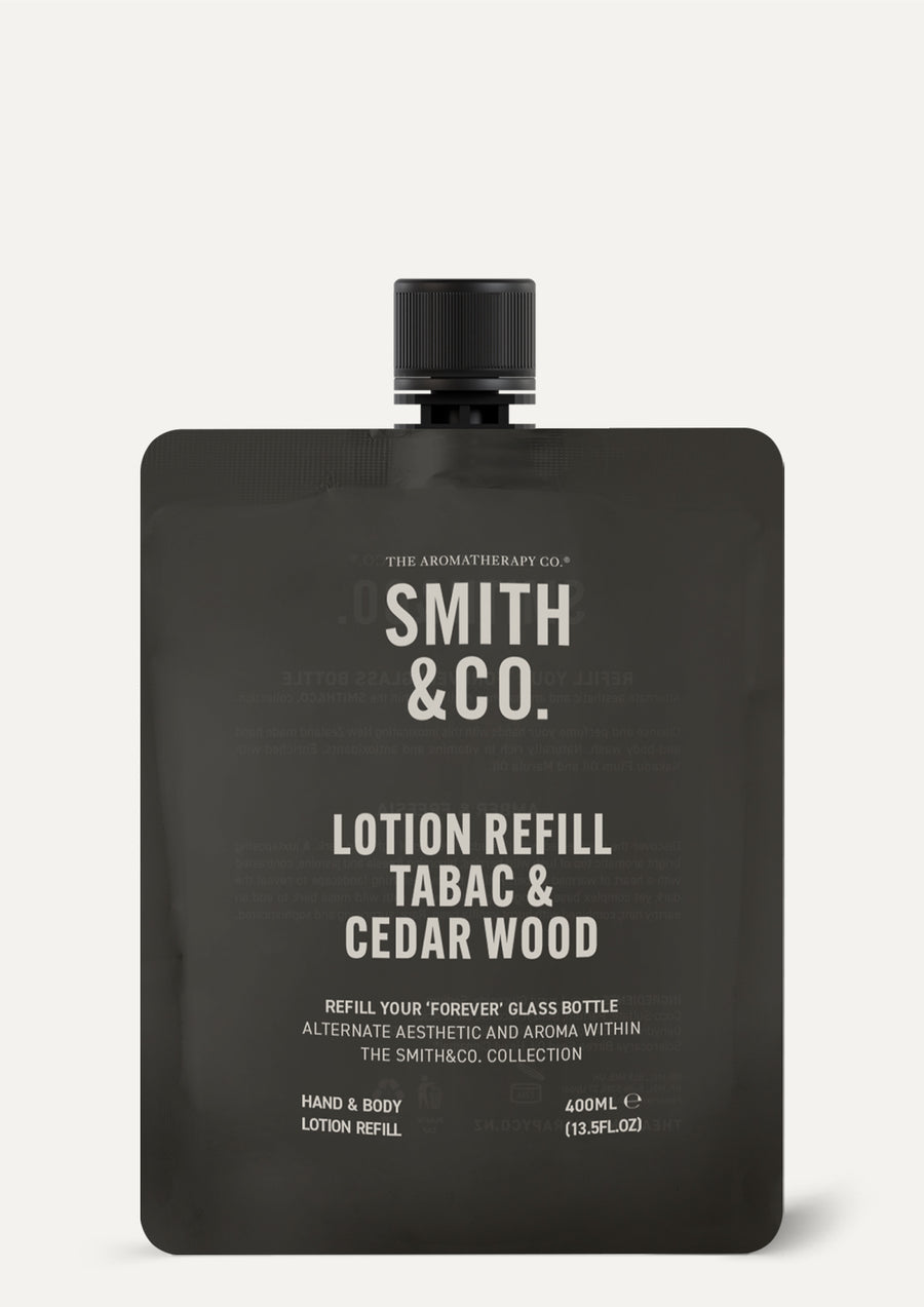 Smith & Co. Tabac & Cedarwood lotion refill pouch on a white background