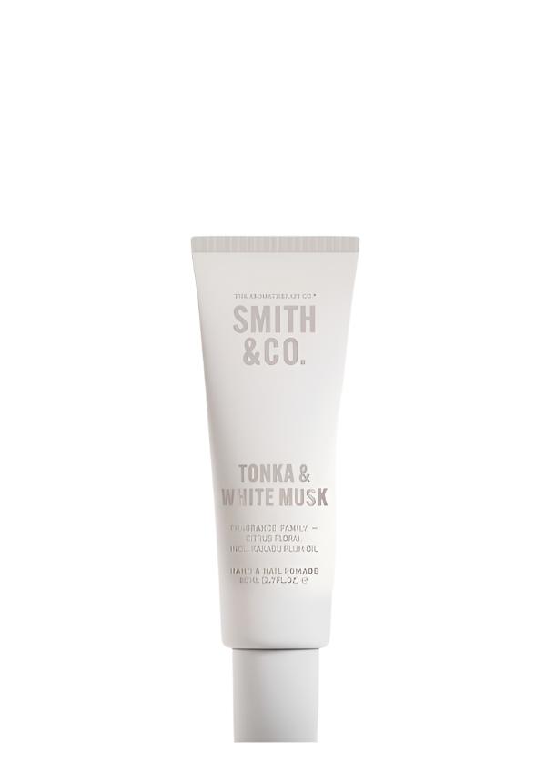 Smith and Co Tonka and White Musk hand cream, white 80ml tube on a plain white background